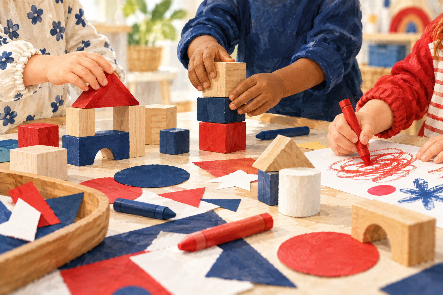 Illustration of young children’s hands exploring blocks and art materials