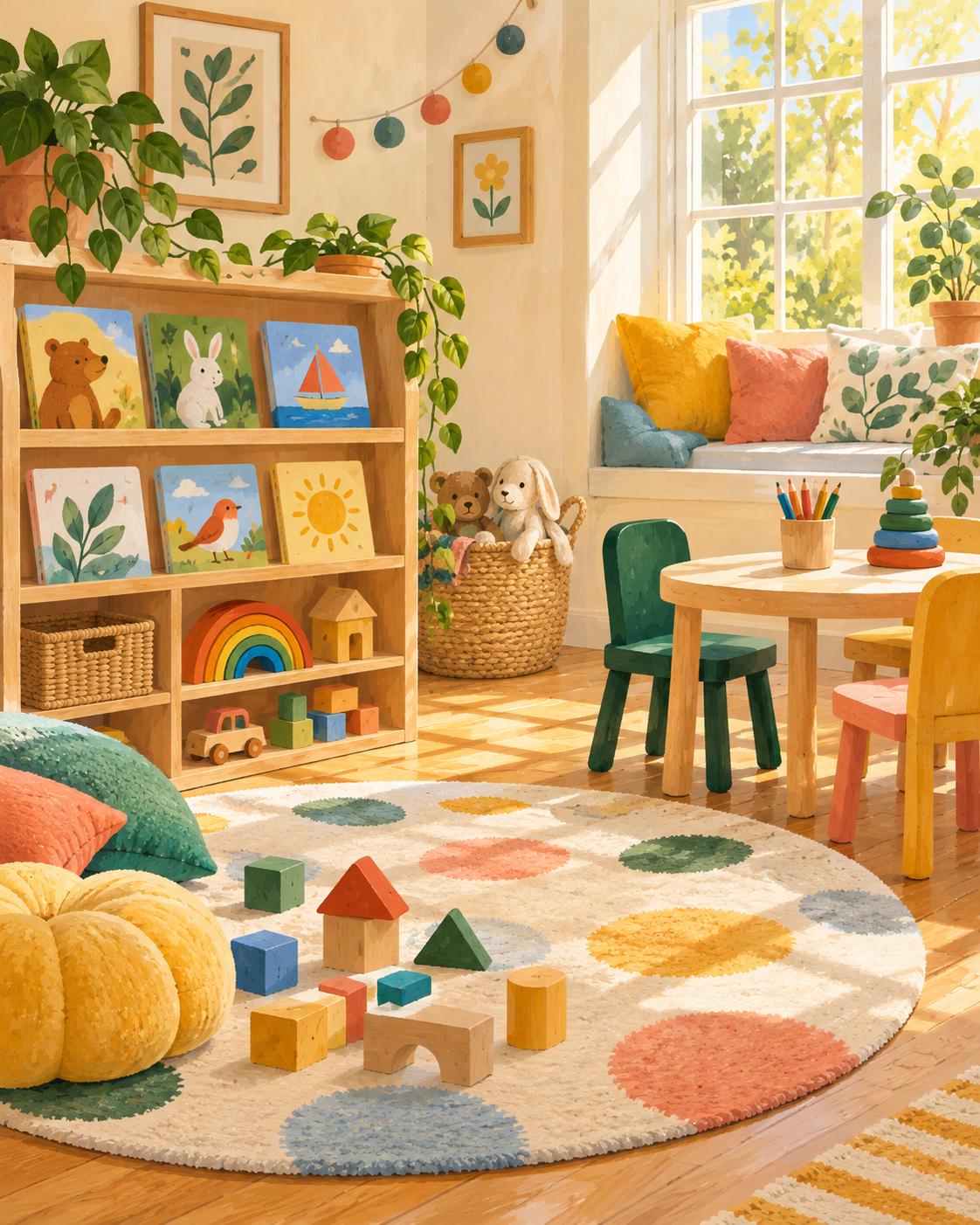 Illustration of a welcoming playroom with books and toys