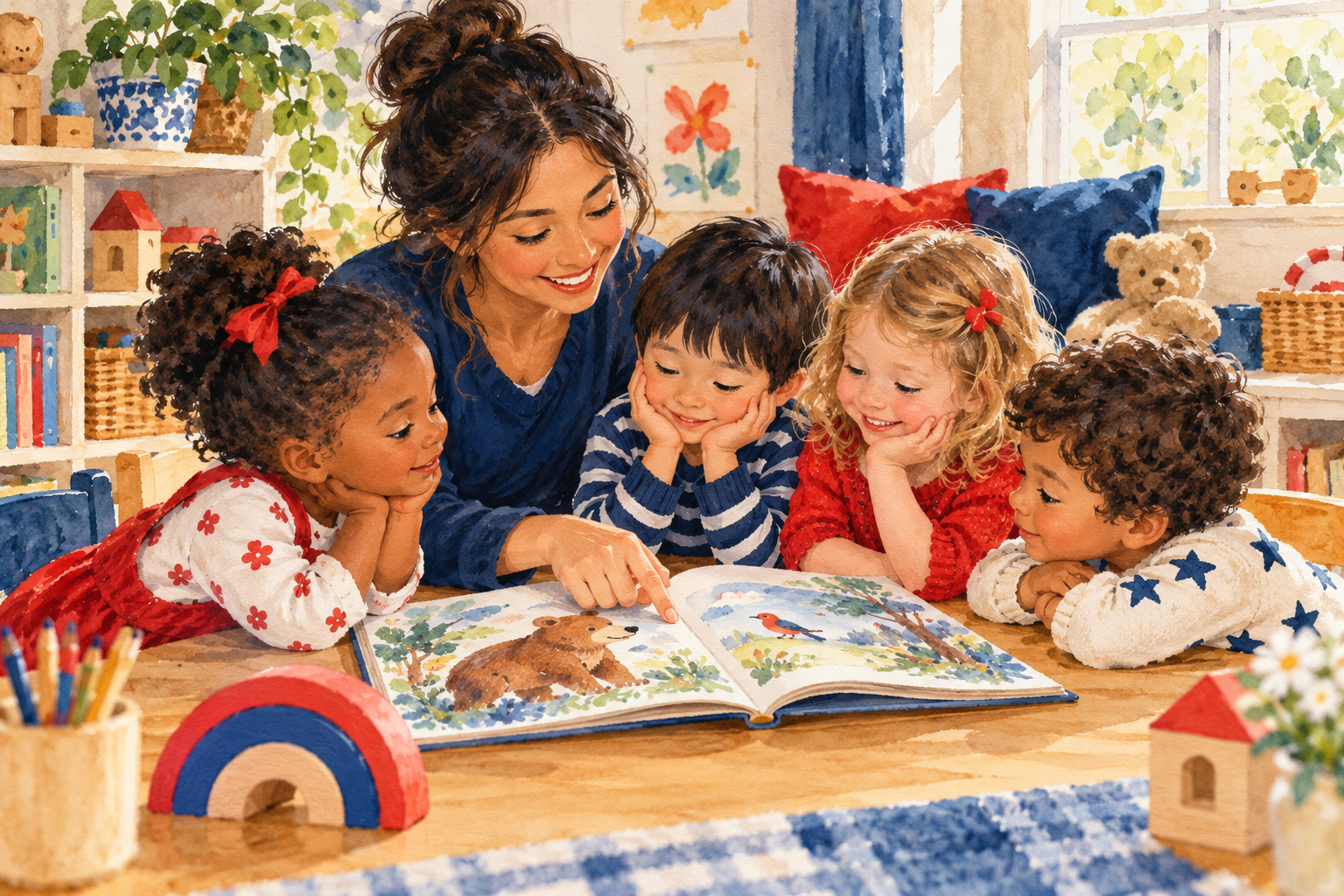 Illustration of children sharing a book with a caregiver